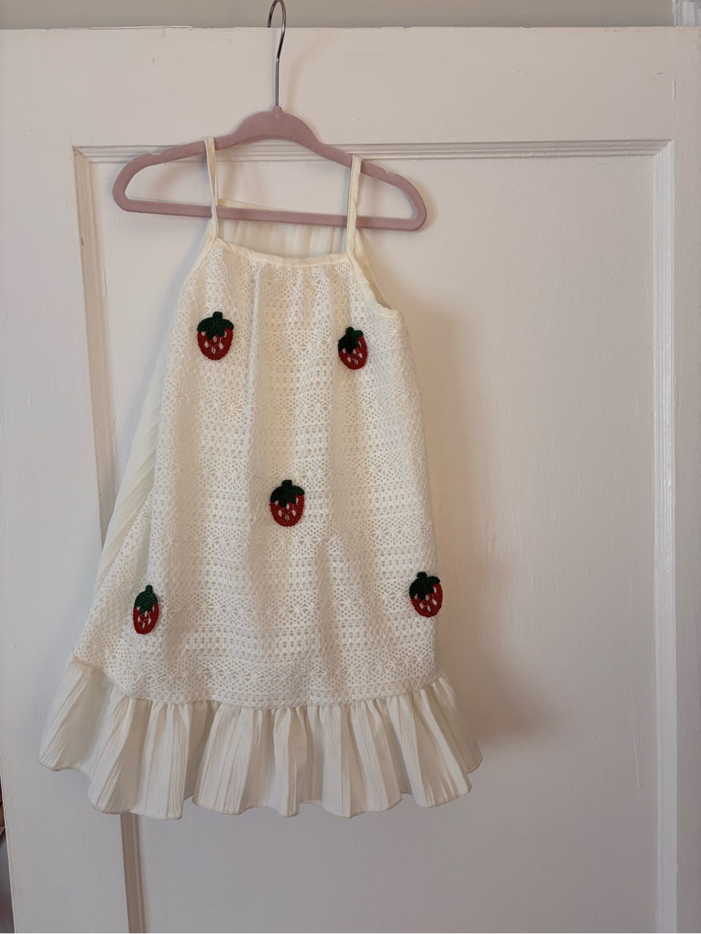 Amazon Cream Crochet Dress with Red Strawberry Appliqués